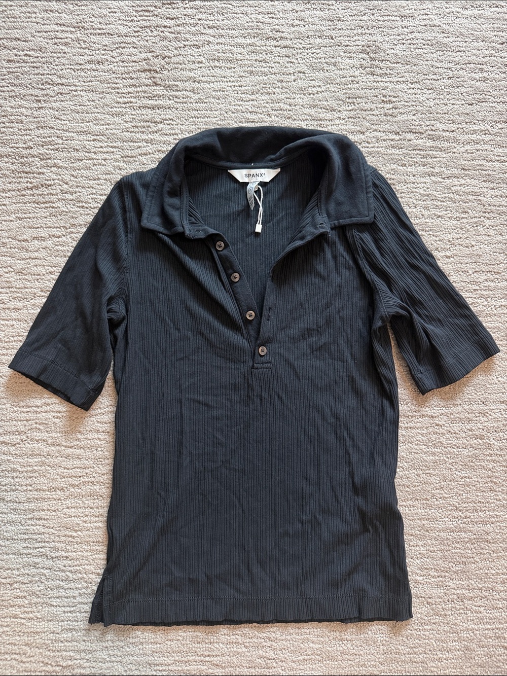 NWOT Spanx Polo Top Women's Small Classic Black Ribbed Short Sleeve Shirt Fitted